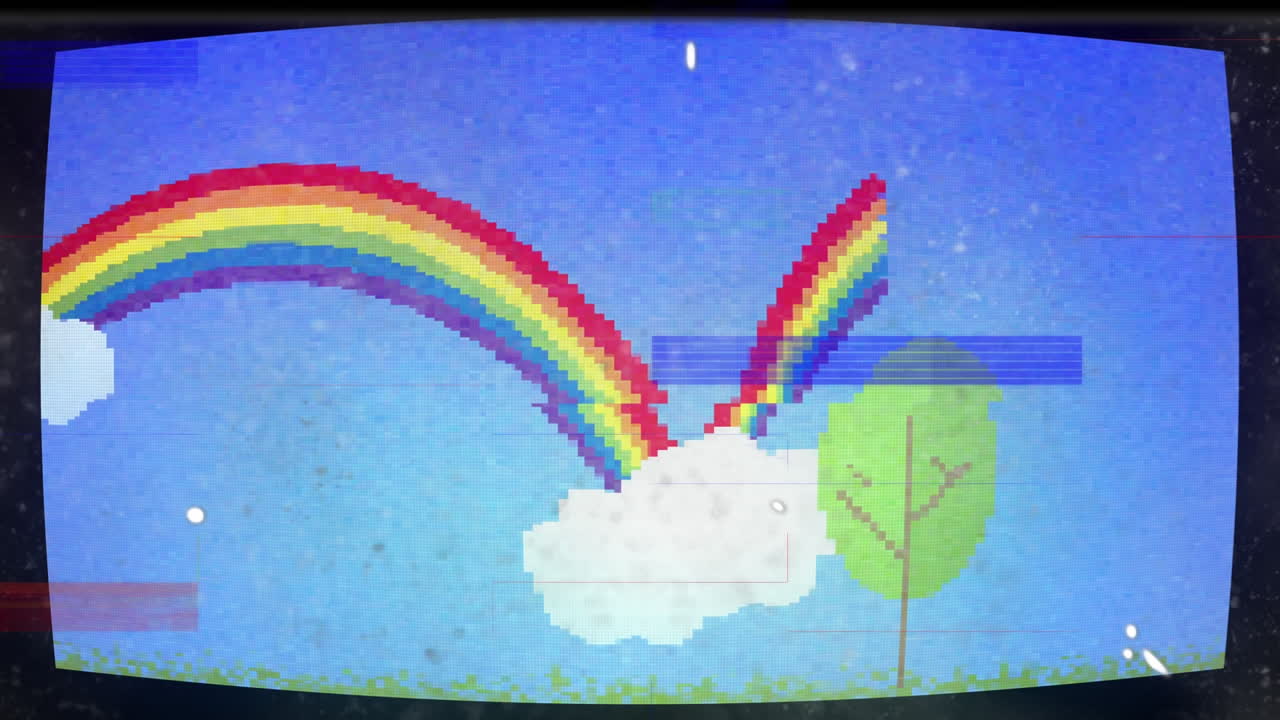 animación de interferencia sobre el arco iris y el cielo con nubes.