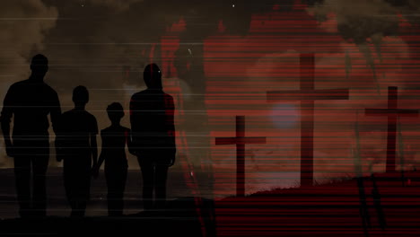 family standing near crosses with dramatic red sky in animation scene