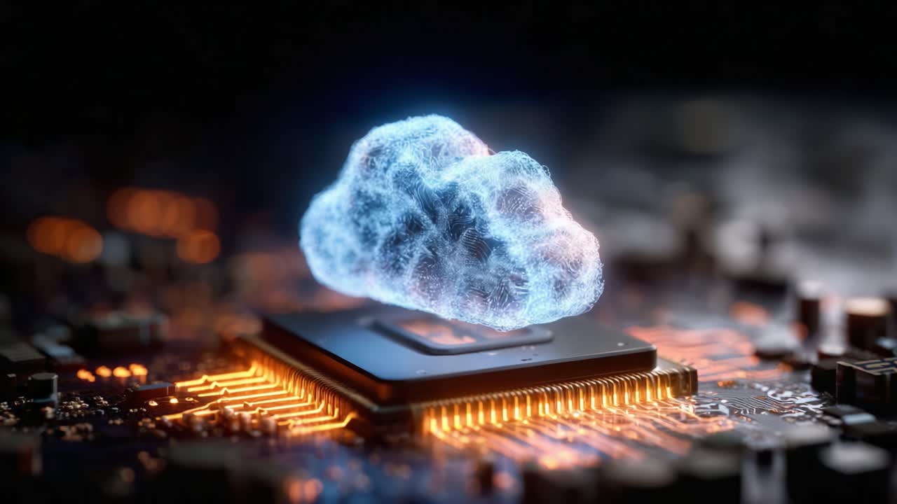 A Stunning Visualization of Cloud Computing Overlaid on a High-Tech Microprocessor, Illustrating the Fusion of Digital Technology and Data Storage in Modern Computing