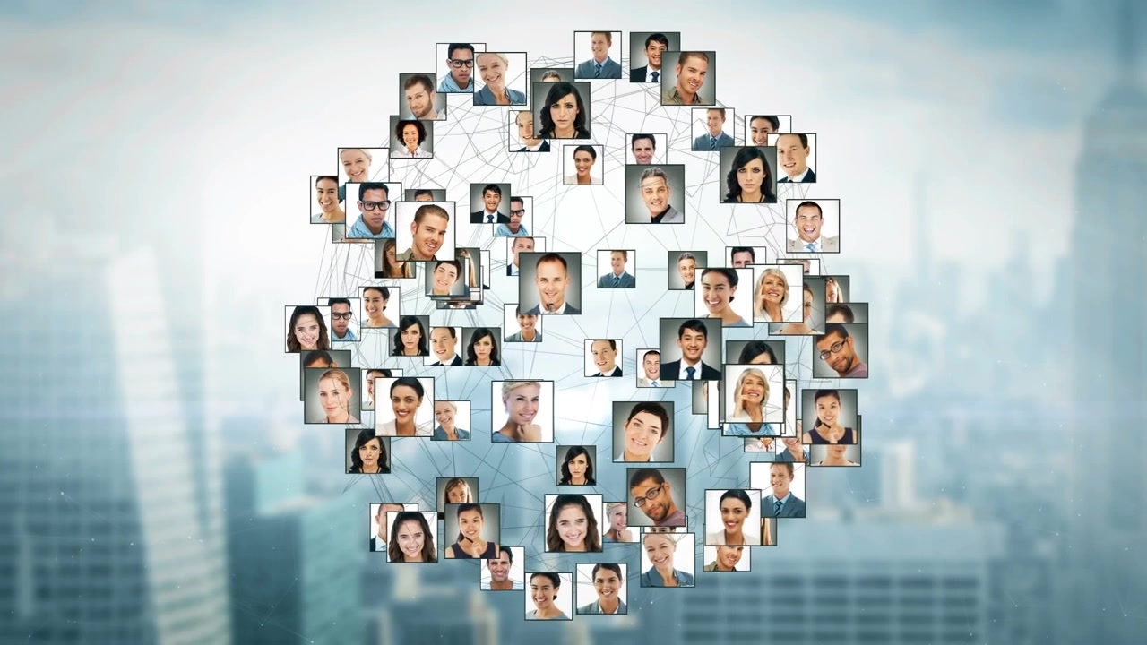 Rete digitale di diversi ritratti professionali che si connettono su uno skyline