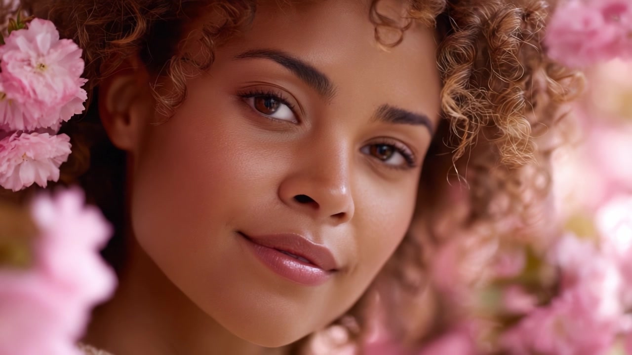 Un ritratto ravvicinato di una donna circondata da fiori rosa, che cattura il suo sorriso radioso e la sua bellezza naturale in mezzo a uno sfondo floreale delicato