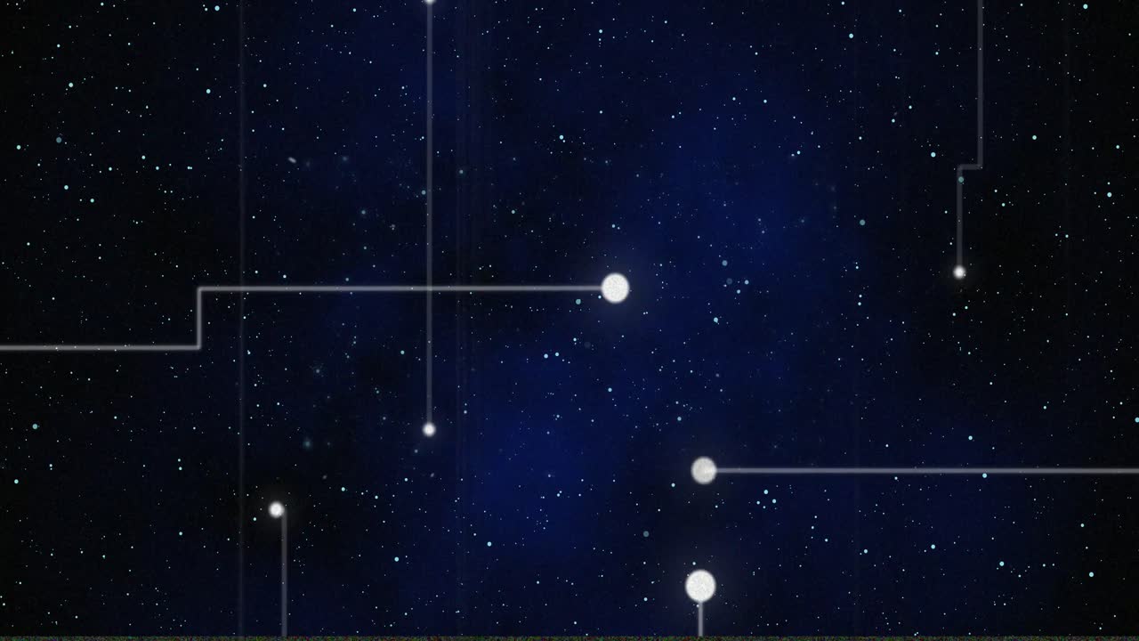 Animation of glowing white points with light trails forming grid on night sky with stars