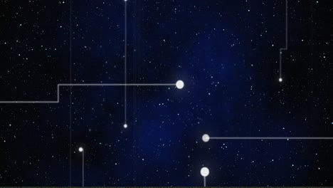 Animation-Leuchtender-Weißer-Punkte-Mit-Lichtspuren,-Die-Ein-Gitter-Am-Nachthimmel-Mit-Sternen-Bilden