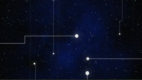 animation of glowing white points with light trails forming grid on night sky with stars