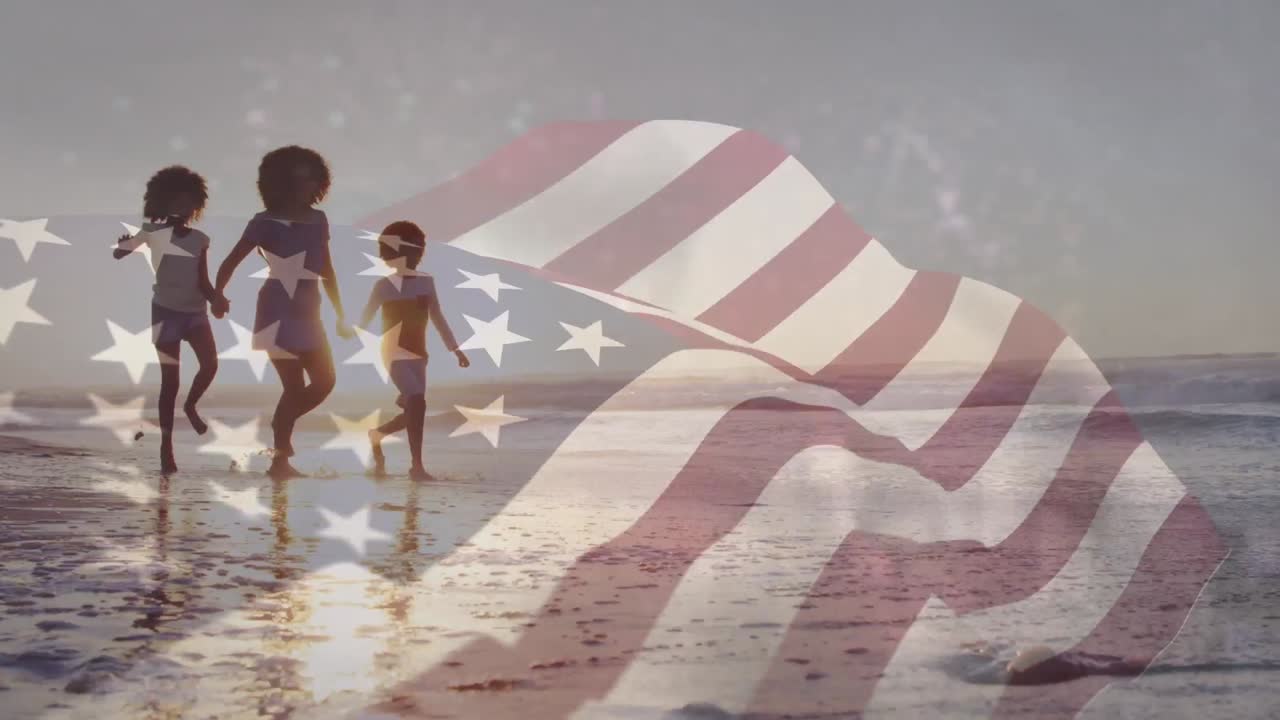 animación de la bandera de los estados unidos sobre una familia afroamericana en la playa