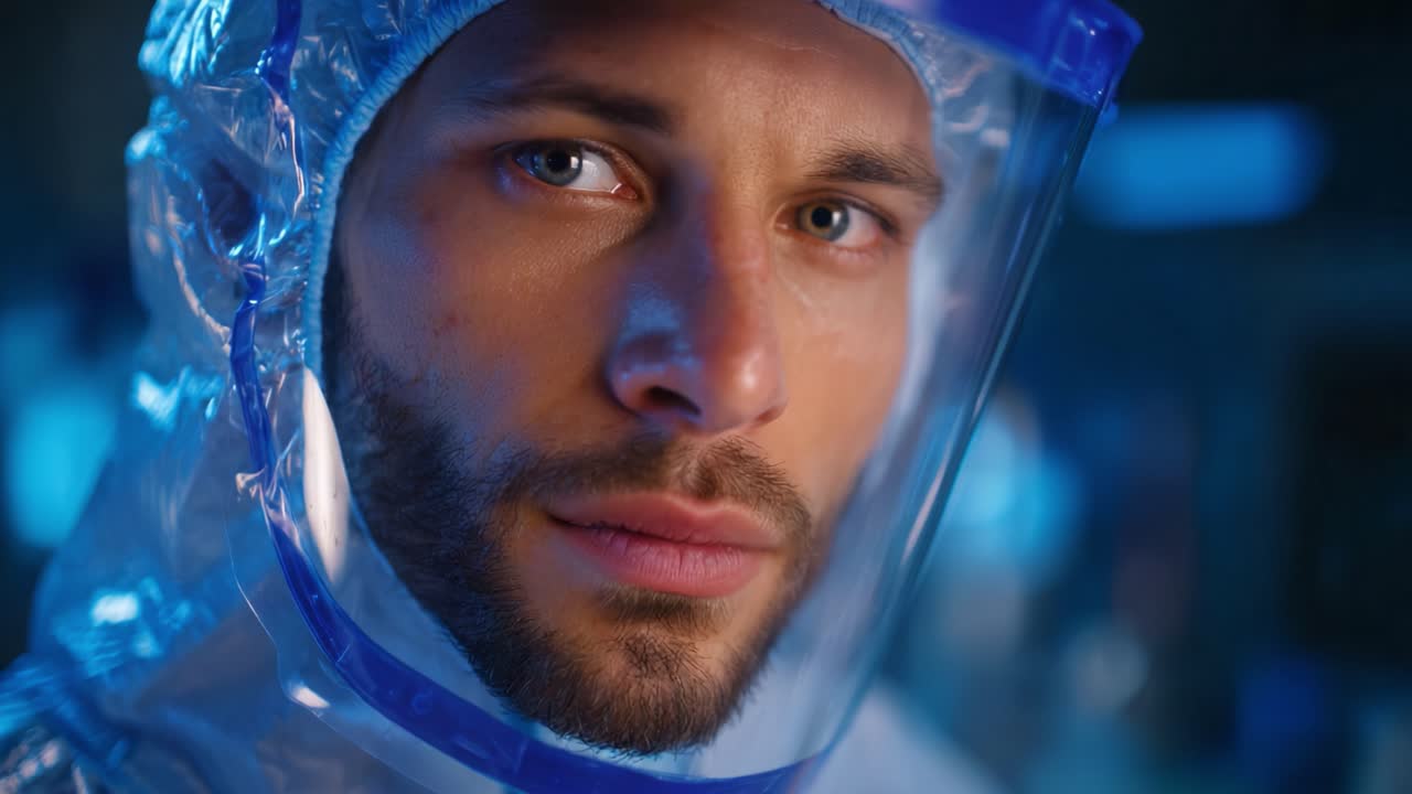 Cientista concentrado usando equipamento de proteção, observando o ambiente, preparando-se para a pesquisa, expressão intensa sob iluminação azul, garantindo a segurança em ambiente de laboratório
