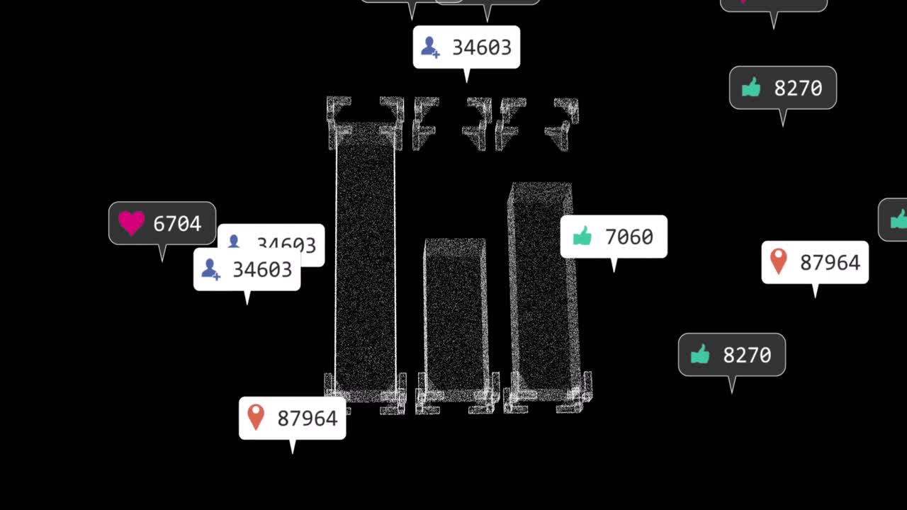검은 바탕에 3d 구조를 회전시키는 소셜 미디어 아이콘의 애니메이션