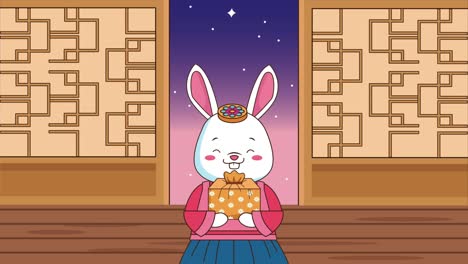 happy chuseok celebration with rabbit lifting gift