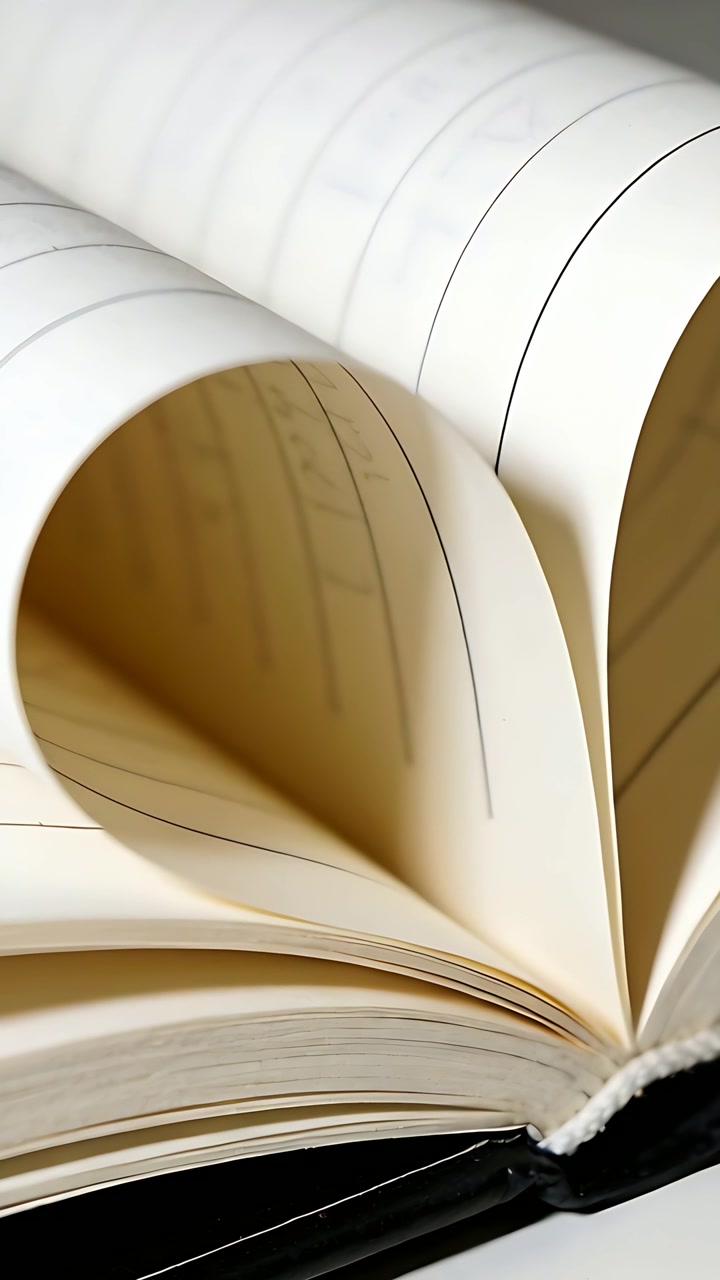 Vidéo verticale: Ajustement de la caméra, pages de livre lignées se courbant en forme de cœur sur un bureau avec reliure noire