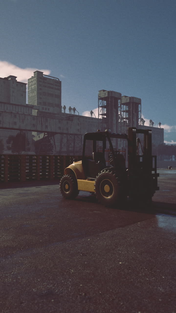 Forklift operates at industrial loading area near city skyline during evening