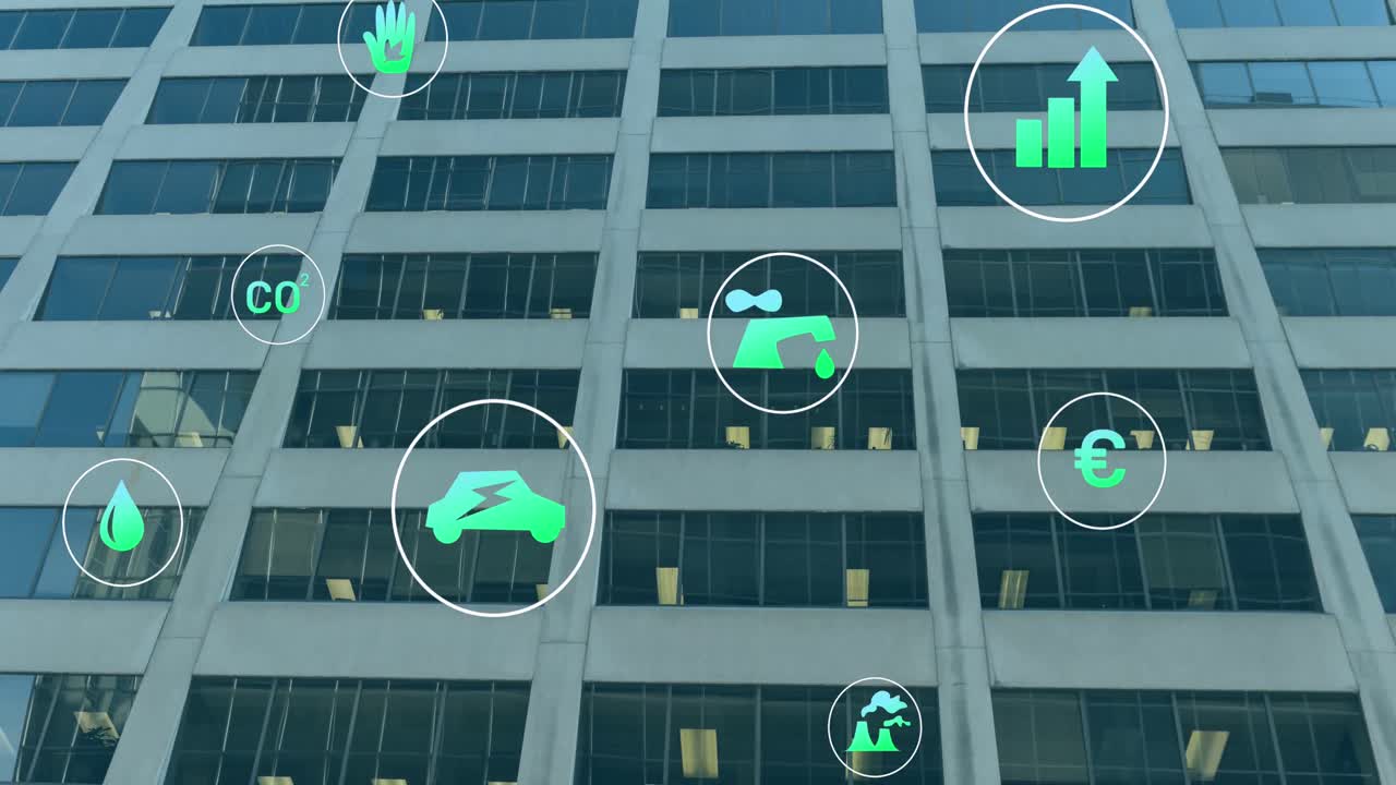 Animation of digital icons over office building