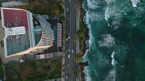 aerial top-down forward directly above george washington avenue along malecon, santo domingo in dominican republic