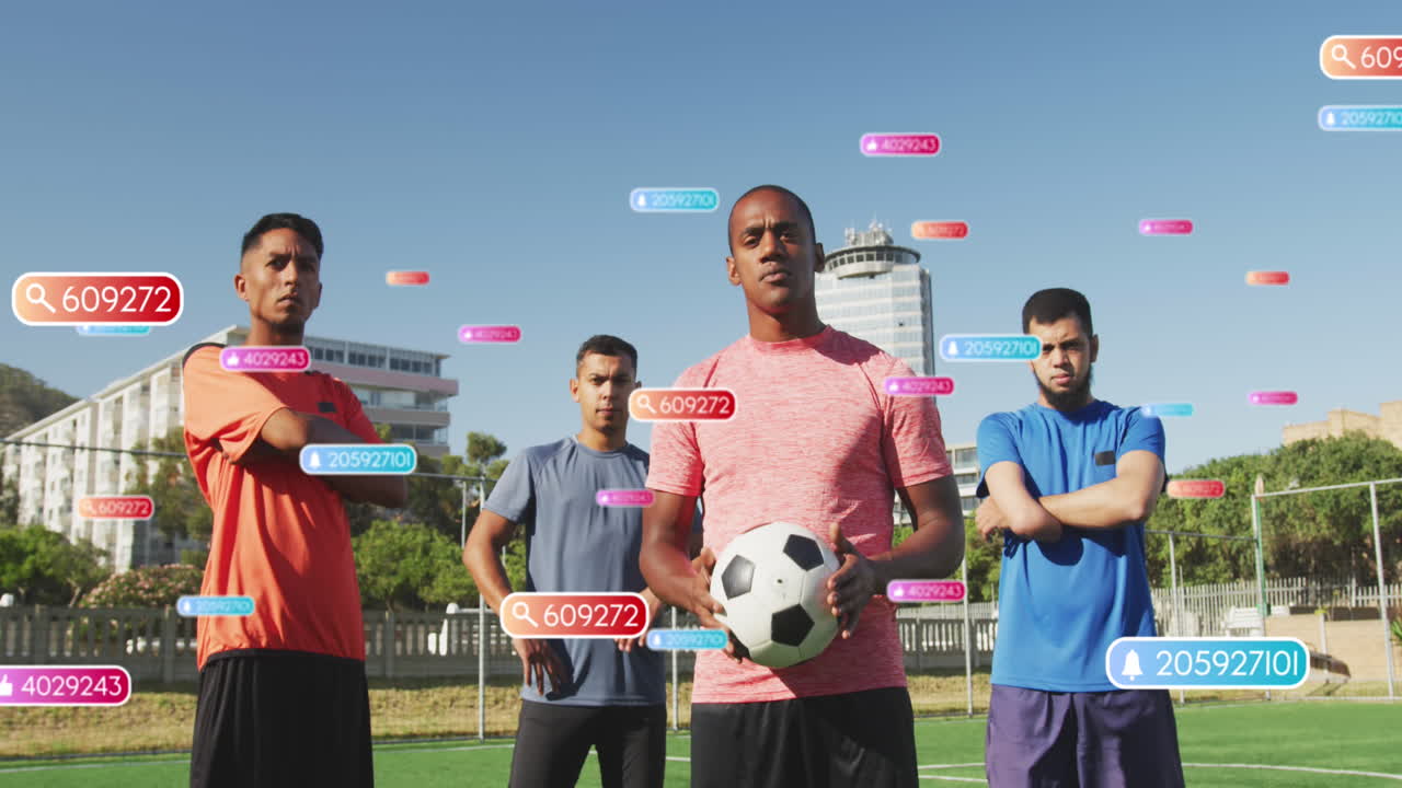 축구 선수 들 이 경기장 위 에 있는 배너 에 있는 소셜 미디어 아이콘 의 애니메이션