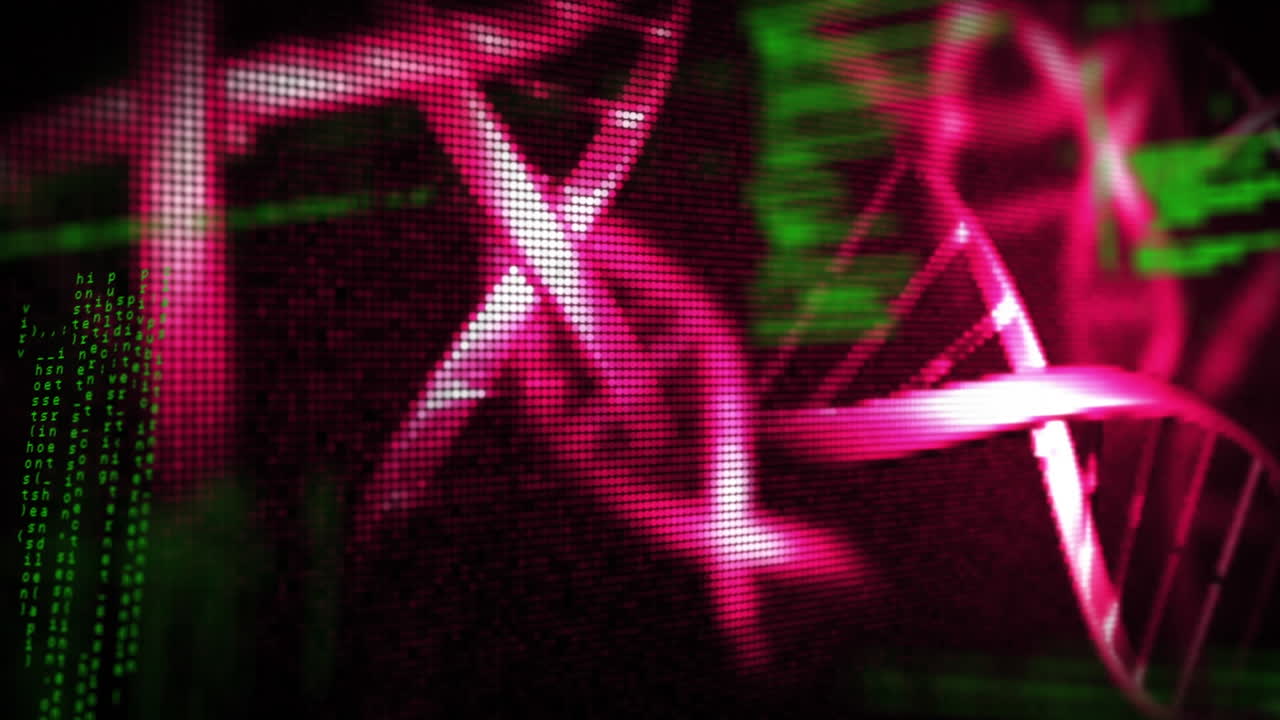 animación de la cadena de adn, placa de circuitos informáticos y procesamiento de datos científicos