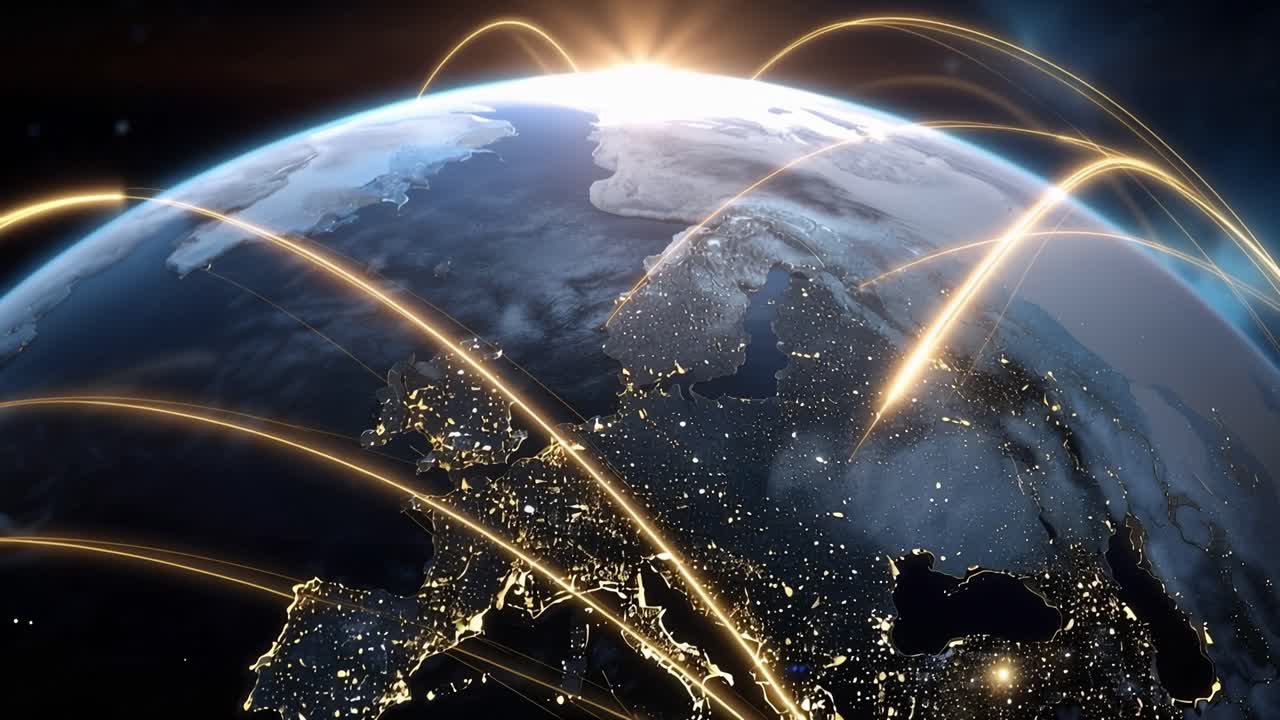 Global Network Connections with Light Trails Over Earth at Night