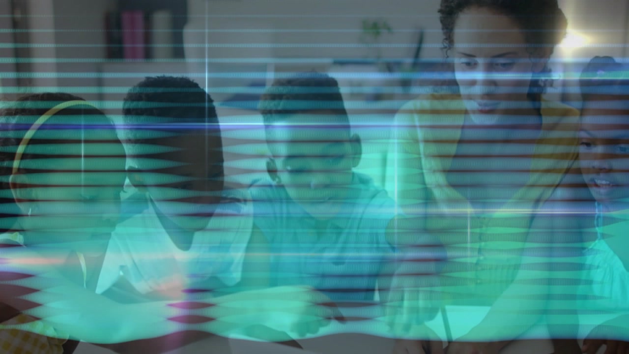 Adult entering guiding learning, children leaning and pointing at cyan tabletop glow, scanline
