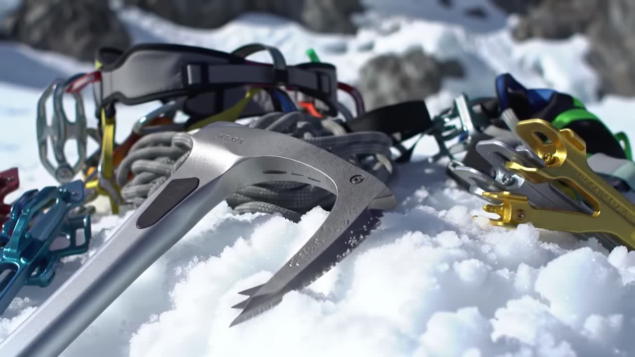 This footage showcases essential climbing equipment laid out on fresh snow, including an ice axe, ropes, and various climbing tools, perfect for alpine adventurers in winter.