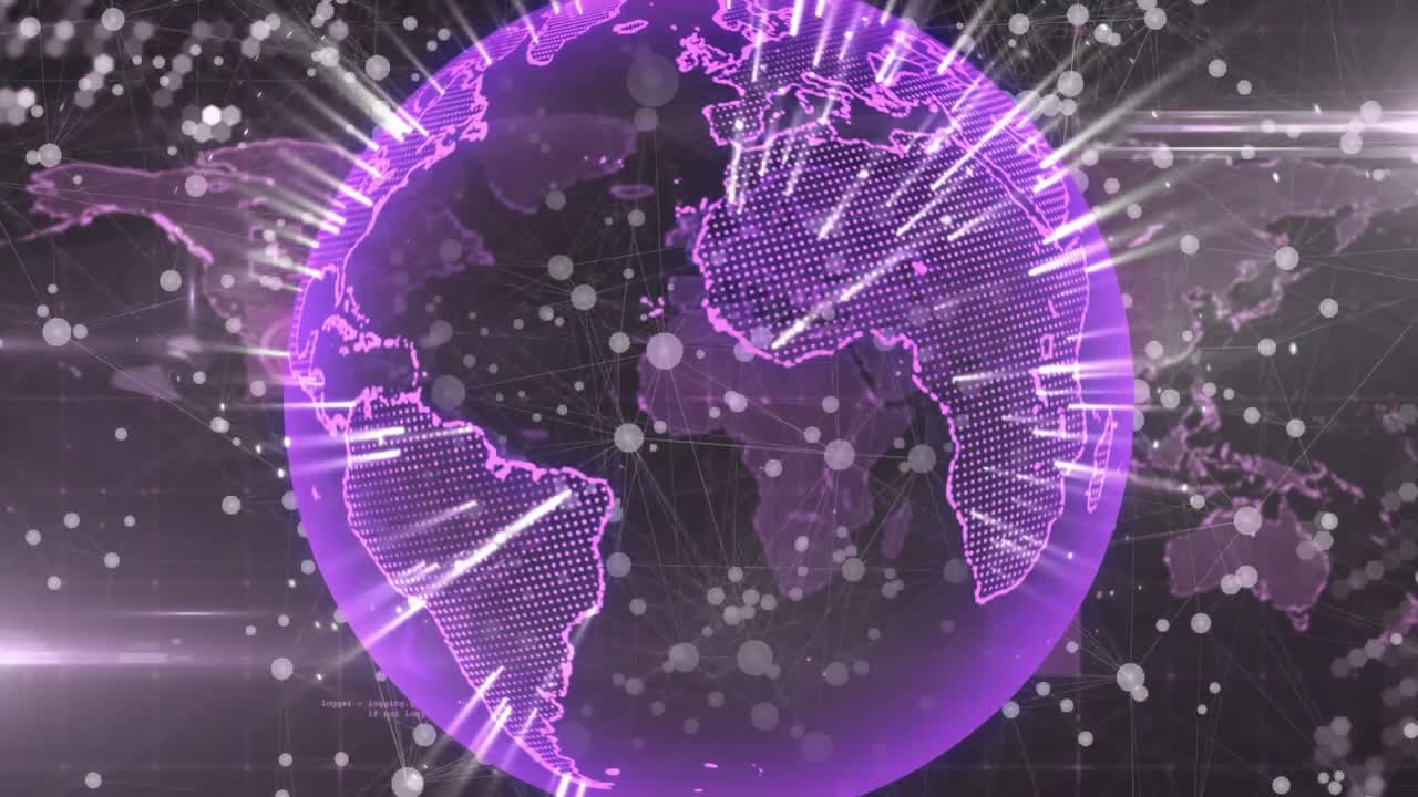 Câmera recuando, globo pontilhado roxo girando, um anel se espalhando, revelando rede de nós exibindo dados.