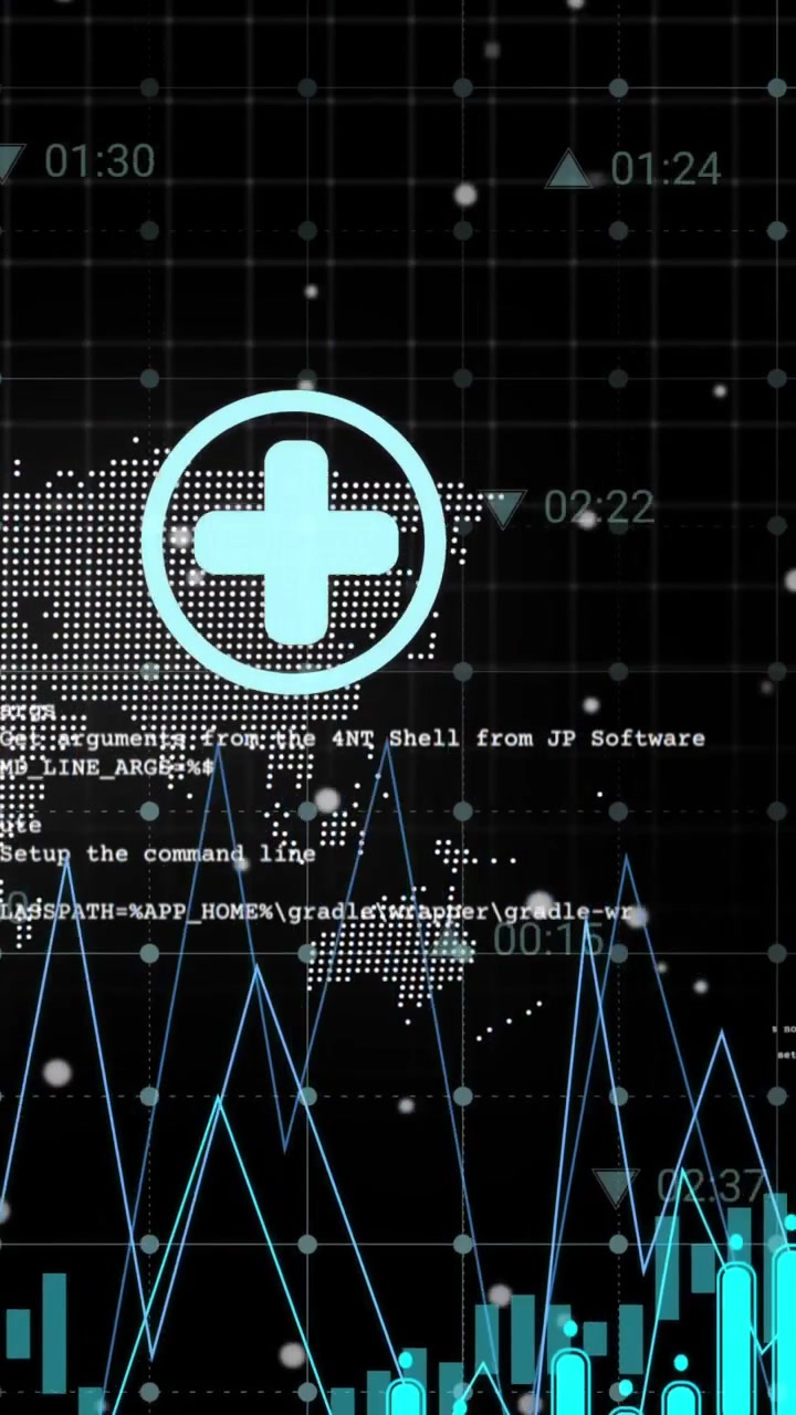Animation of digital icons and data processing over world map and spinning globe on black background