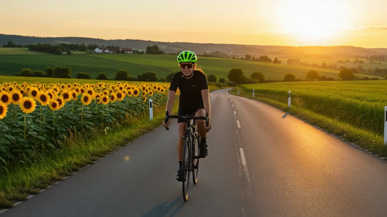 A Cyclist Enjoying a Scenic Ride at Sunset Through a Field of Sunflowers, Capturing the Beauty of Nature and Sport in Perfect Harmony