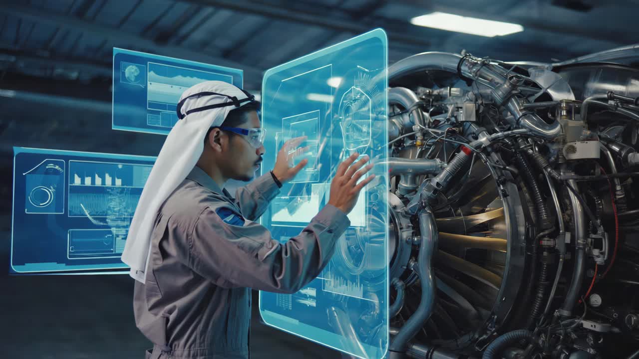 Engineer Inspecting Jet Engine with Holographic Display