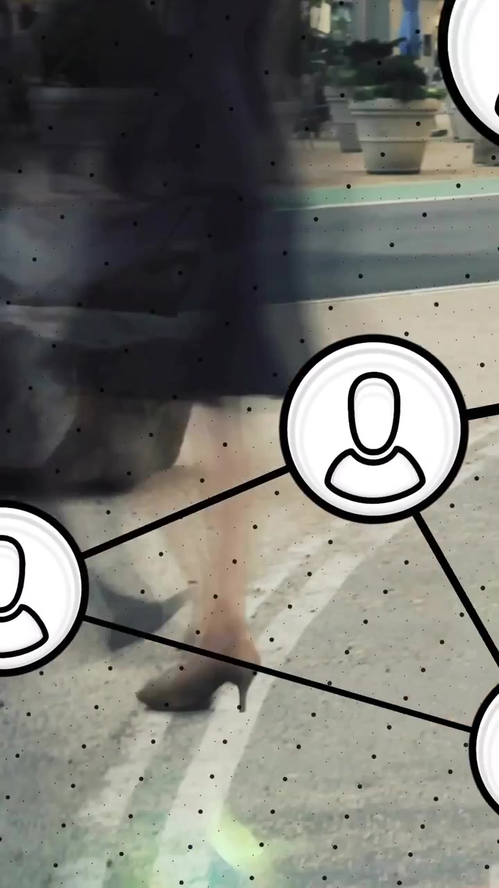 Vertical video: Woman crossing center, avatars sliding inwards, growing, obscuring heels for tech