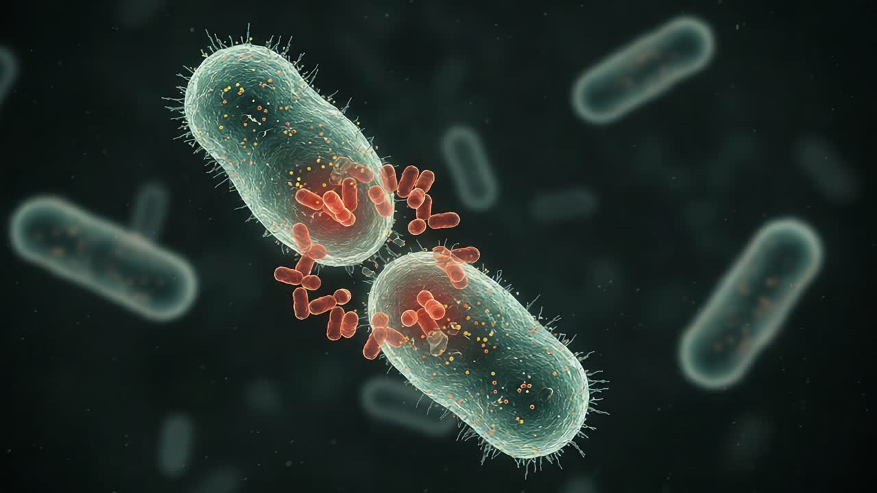 Microscopic View of Bacteria Division: Exploring the Intricate Process of Cell Multiplication with Virus Interactions in a Stunning Visualization