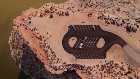 aerial view of scenic parking area at a desert lake
