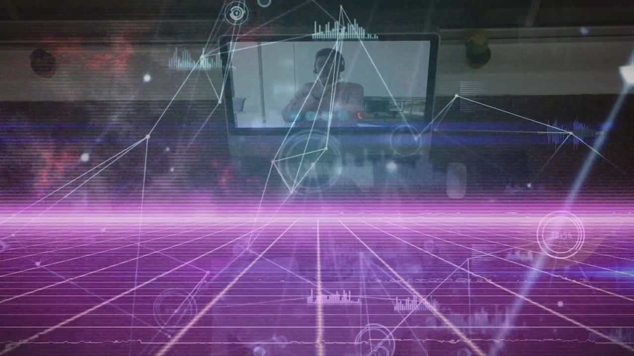 파란색 배경 위의 연결 네트워크와 그리드의 애니메이션