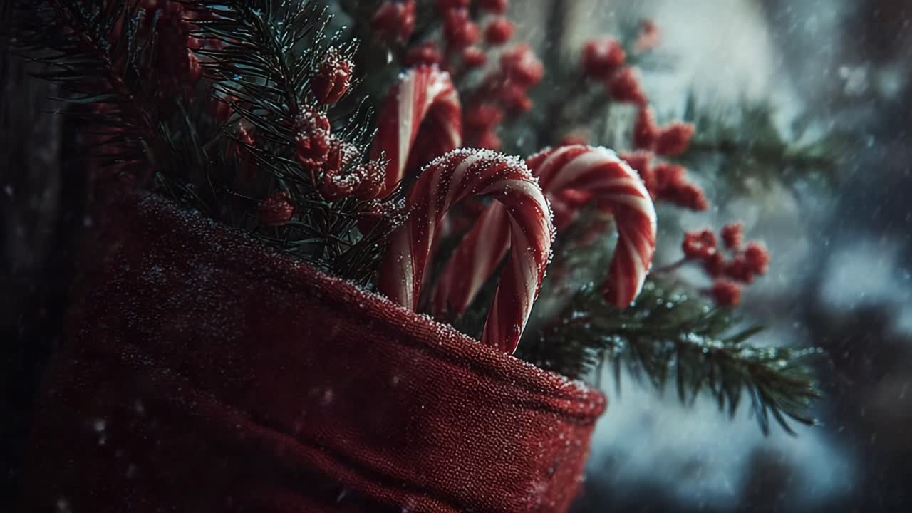 En hjertevarm vinterscene med røde candy canes, stedsegrønne grene og frostede bær i en hyggelig ferieindstilling omgivet af blidt snefald