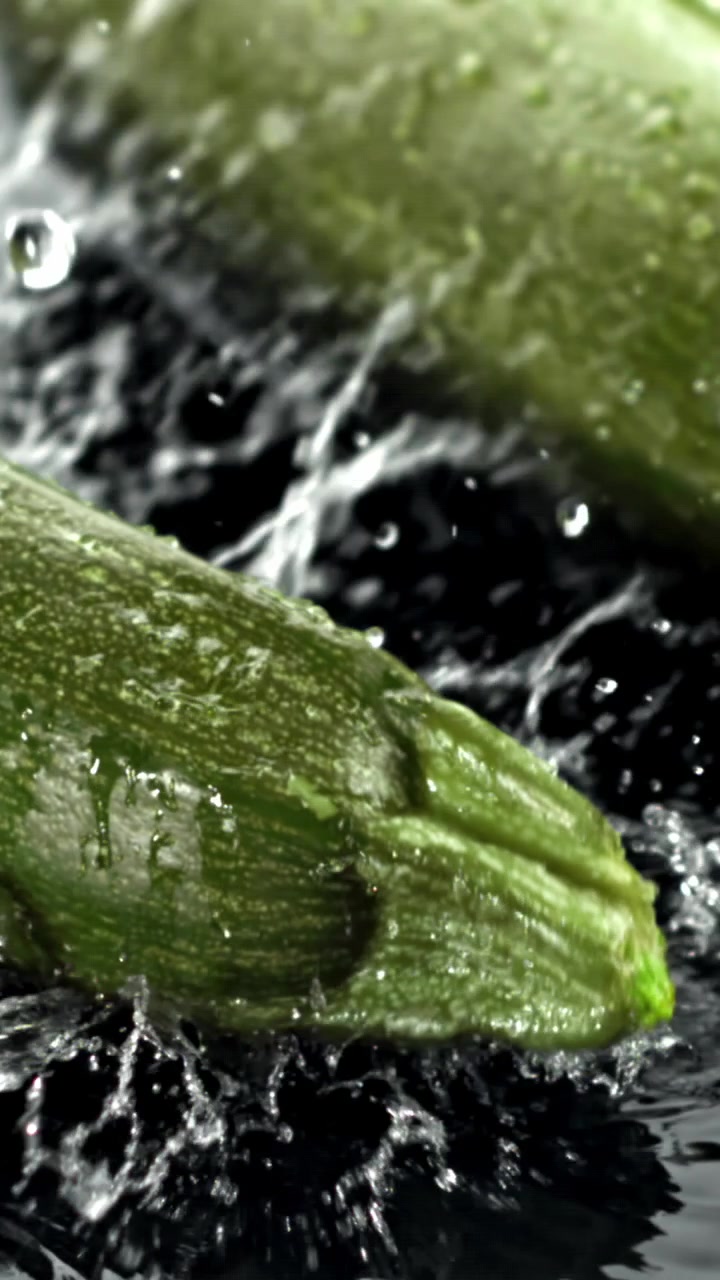 Acqua che schizza al rallentatore su zucchine verdi fresche.