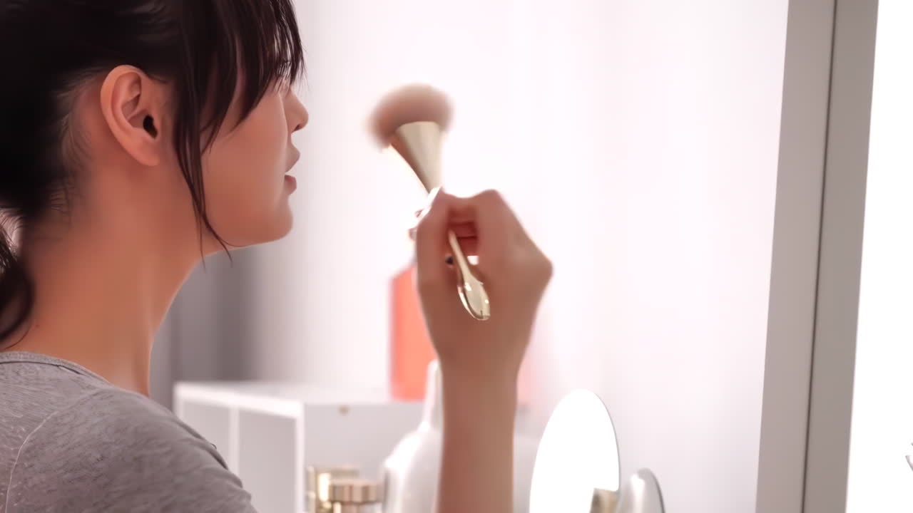 joven profesional con piel sana haciendo maquillaje con pincel, concepto de producto cosmético, maquillaje, piel sana, aplicación de fundación, colores de piel, con espacio de copia