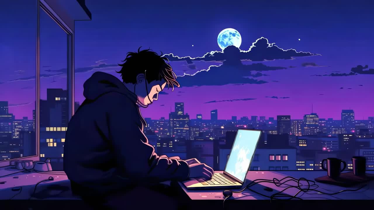 Animated scene of a person on a laptop at night, cityscape view from a high angle