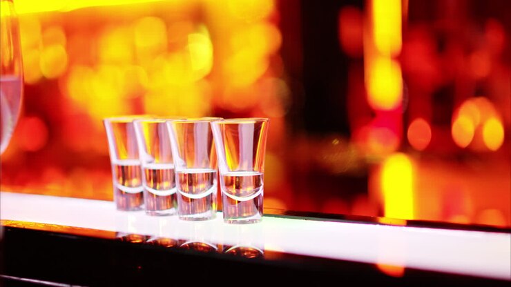 Barman making cocktail shots with liquor alcohol in three layers at the bar at night with red neon lights, slow motion