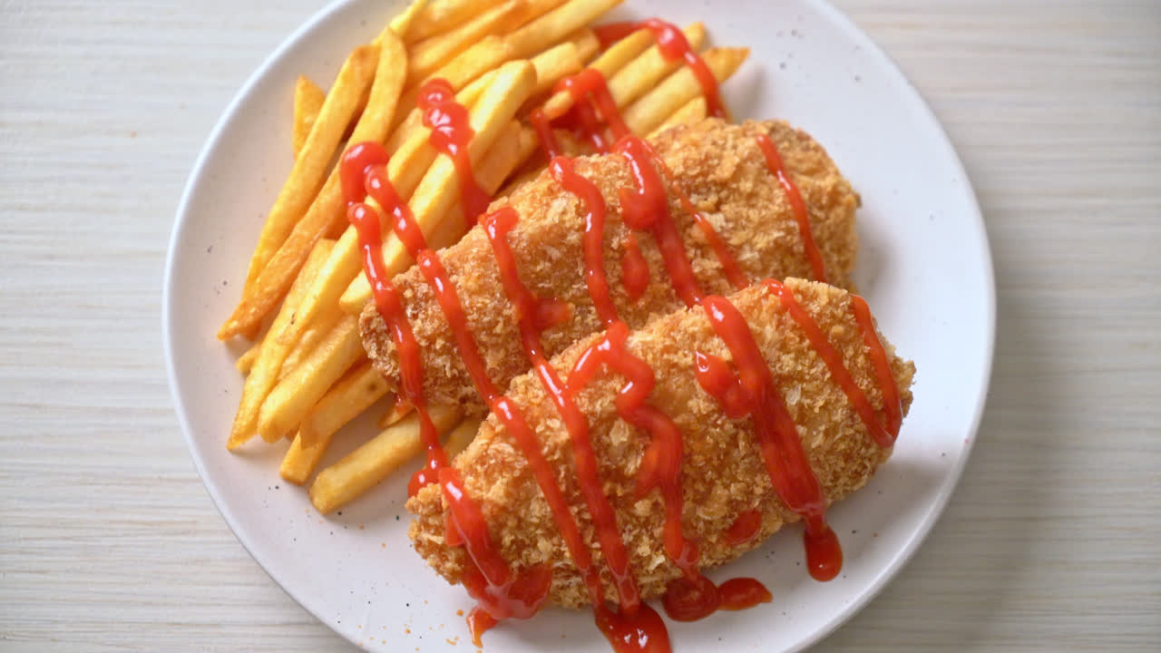 filete de pechuga de pollo frito con papas fritas y ketchup