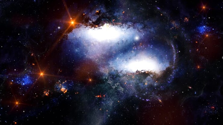 im universum schwebende nebelwolken und galaxien sowie mehrere helle sterne