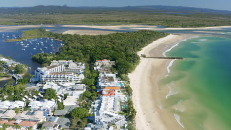 aerial drone above noosa heads main beach suburb and waterways, 4k