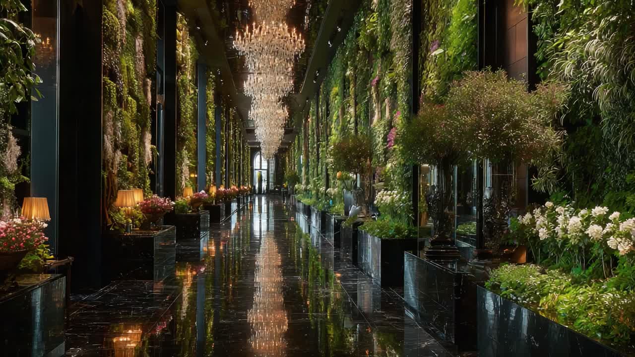 Captivating Indoor Garden Walkway Adorned with Lush Greenery, Elegant Chandeliers, and Vibrant Floral Arrangements in a Luxurious Setting