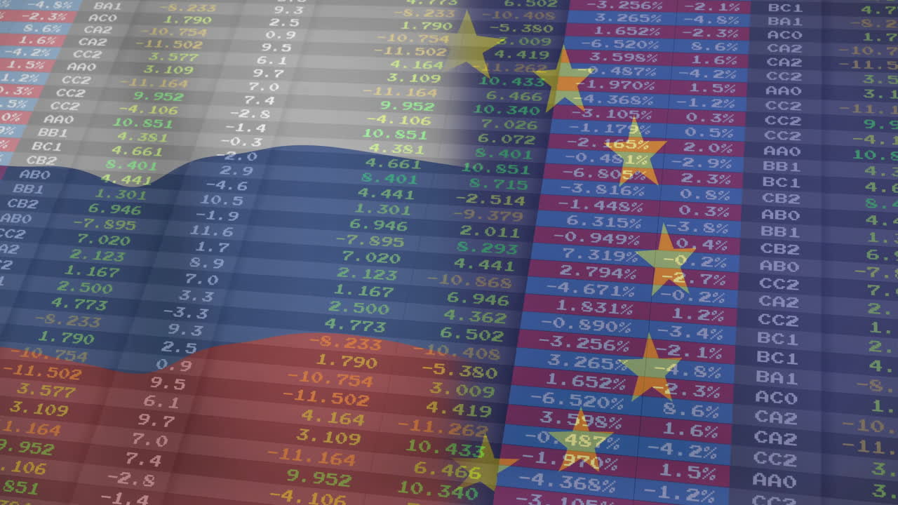 Overlaying stock market data on Russian and EU flags, symbolizing economic interaction