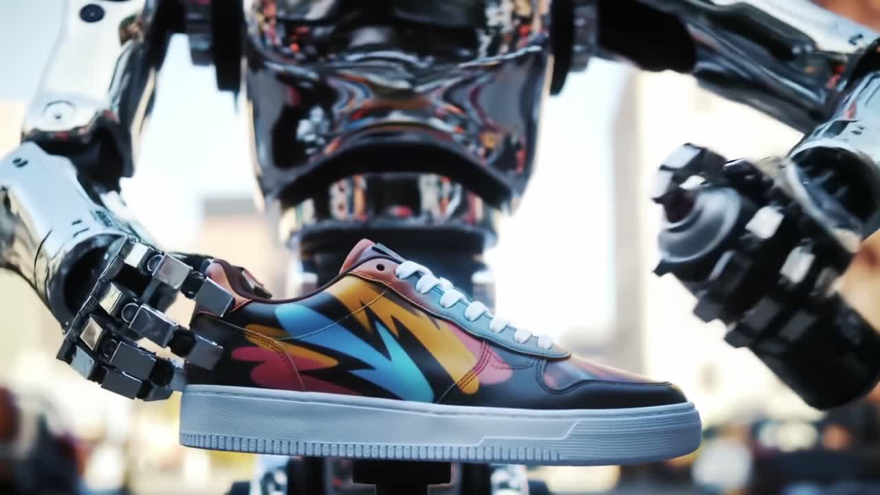 Robotic Creation: A Dynamic Fusion of Artistry and Technology Showcases a Vibrant Sneaker Design as a Robot Highlights its Unique Features