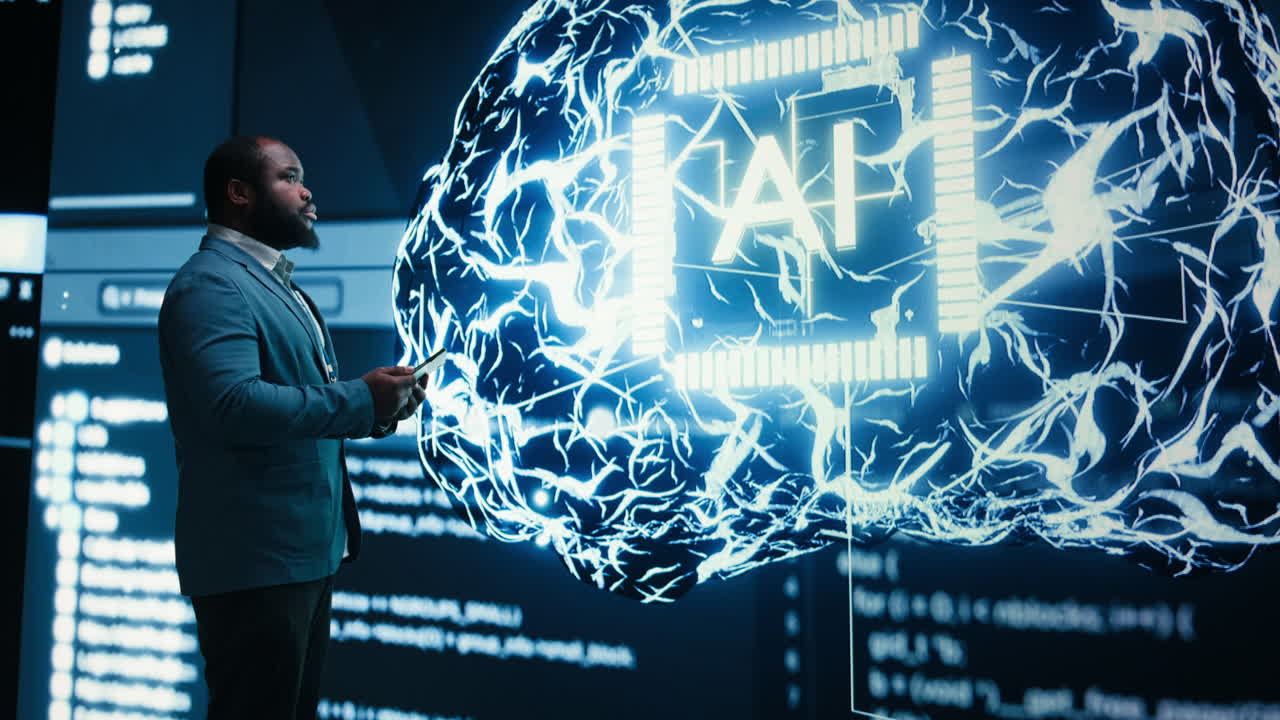 Man Interacting with Holographic AI Brain Display and Digital Interface