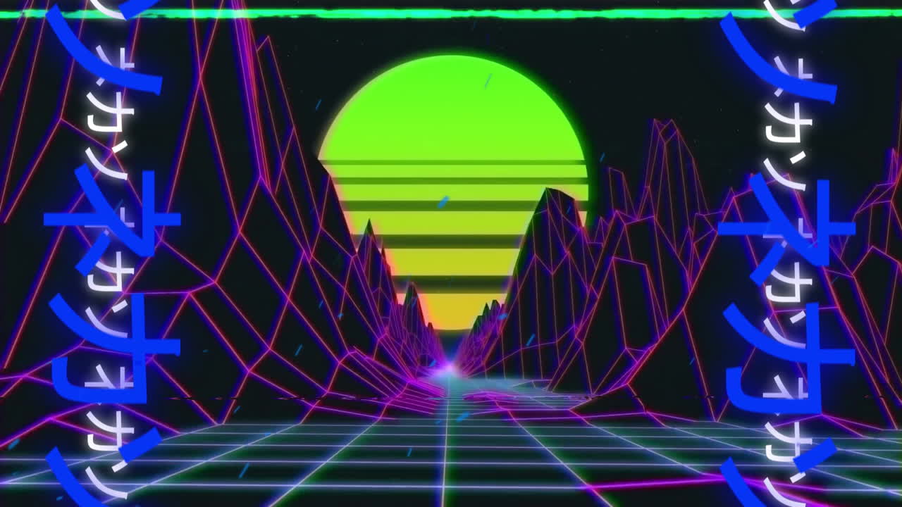 animación de escritura japonesa de neón sobre el fondo del patrón del metaverso