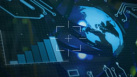 Animación-Del-Escaneo-Del-Alcance-Sobre-La-Interfaz-Con-Procesamiento-De-Datos,-Punto-De-Luz-Y-Globo-Giratorio