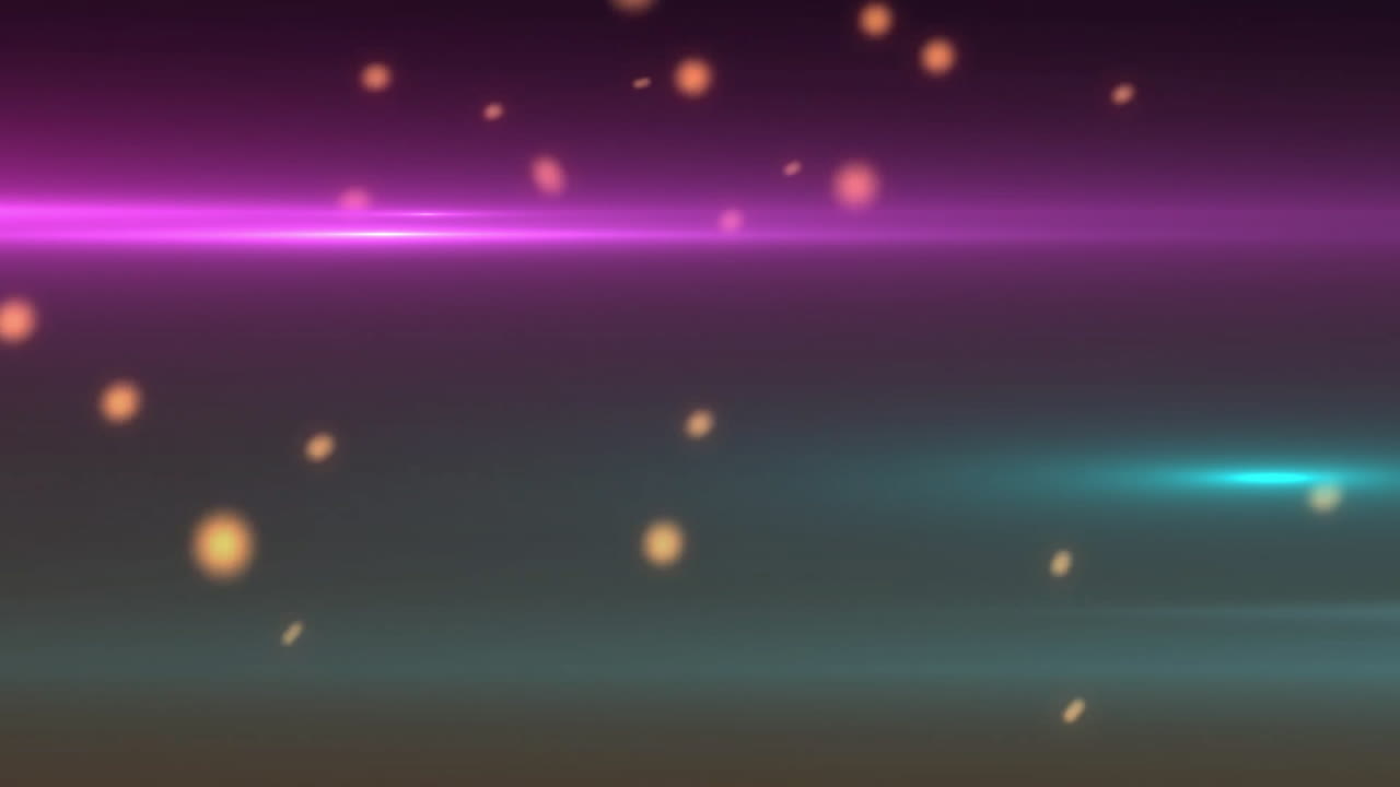 Scene showing glowing magenta and cyan neon streaks with drifting orange bokeh over gradient