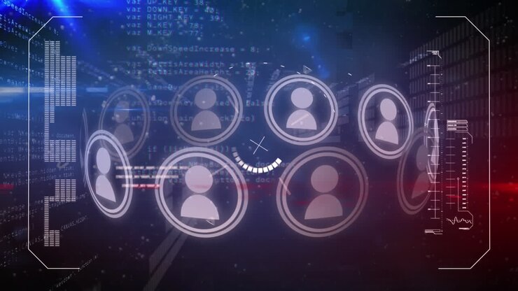 Animation of icons and light trails over data processing on black background