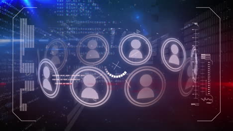 animación de iconos y rastros de luz sobre el procesamiento de datos en fondo negro.