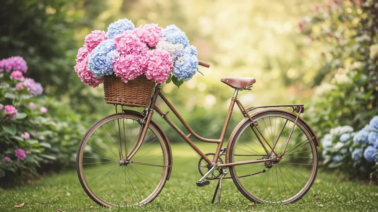 A Charming Vintage Bicycle Adorned with Colorful Hydrangeas in a Lush Garden, Creating a Serene and Picturesque Scene of Nature's Beauty