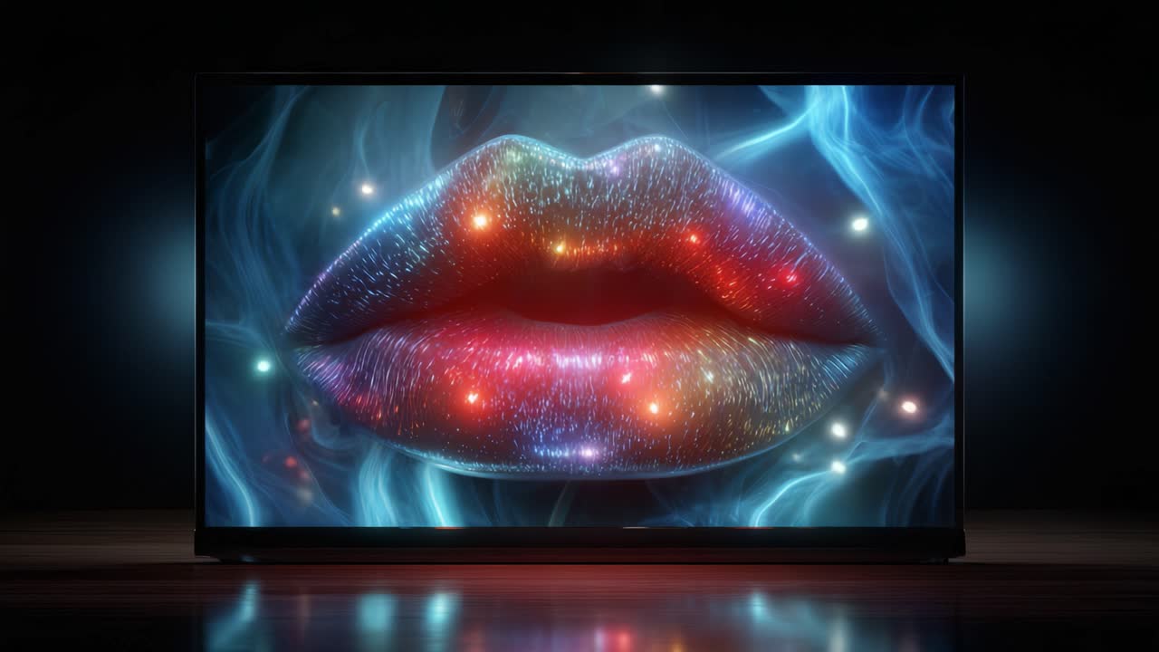 Bibir Neon Cerah Digambarkan dalam Tampilan Digital yang Memukau Dikelilingi oleh Warna dan Tekstur Ethereal, Menciptakan Pengalaman Visual yang Menakjubkan bagi Penonton