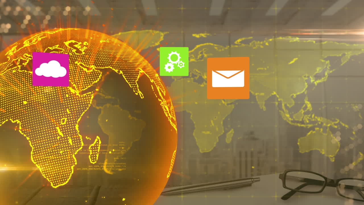 animación del globo con mapa del mundo e iconos sobre el paisaje urbano