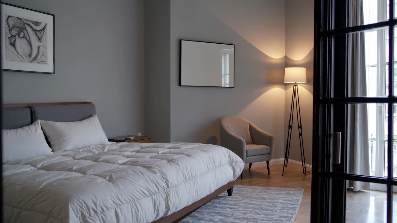 A cozy bedroom viewed through open double doors, showcasing modern decor with soft lighting